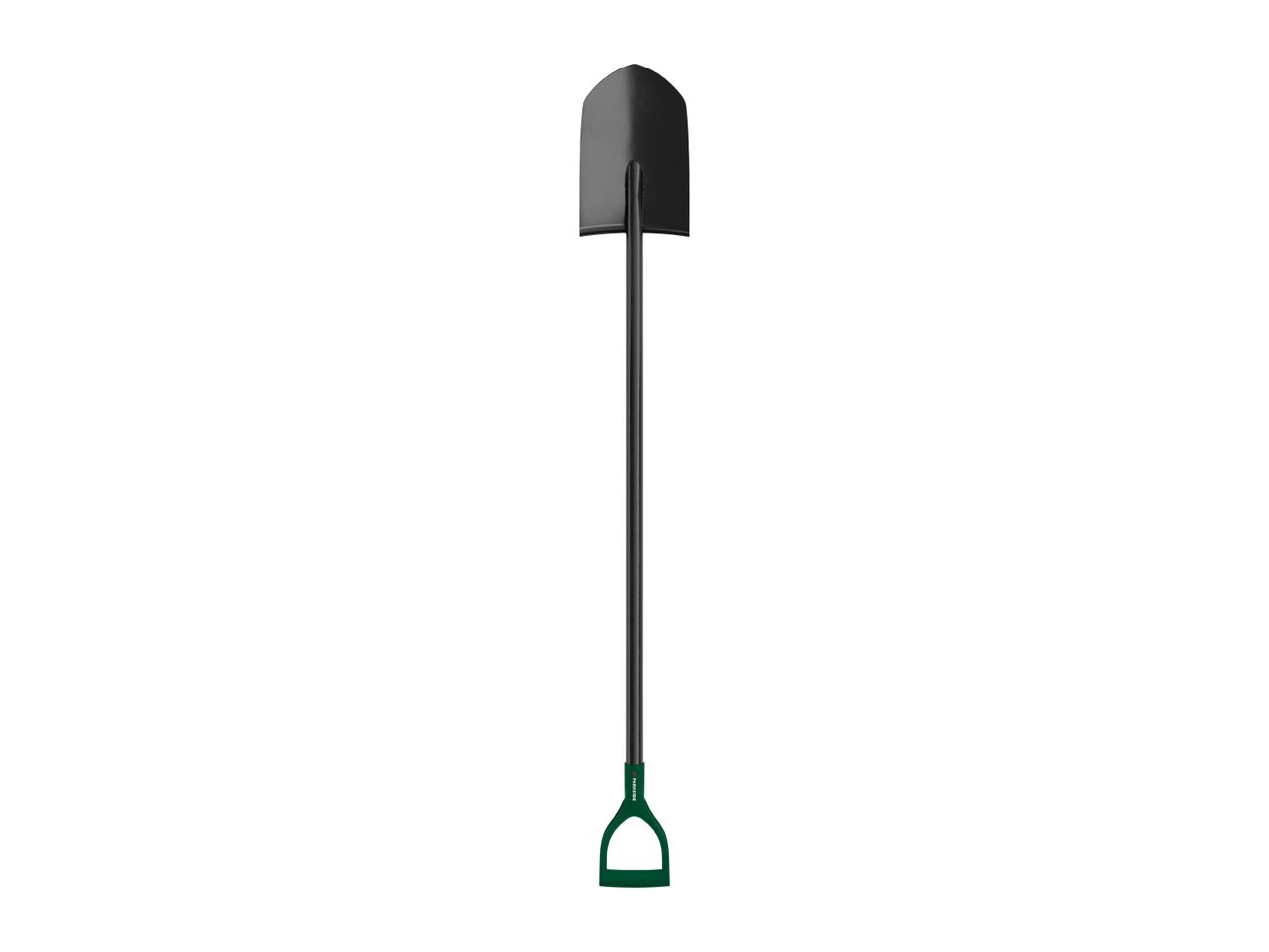 Black and green garden spade with a D-handle