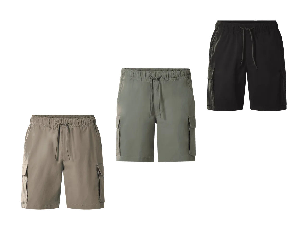 Trois shorts cargo pour hommes en beige, vert et noir avec cordon de serrage à la taille.