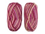 Two skeins of variegated yarn in shades of pink, purple, and beige.