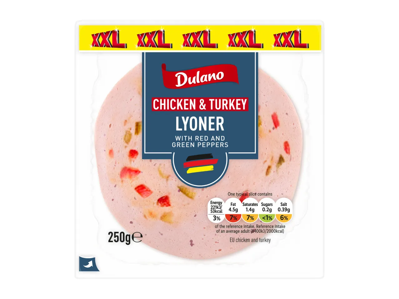 XXL chicken and turkey lyoner with red and green peppers, 250g, with nutritional information.