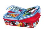 Red and blue lunchbox with cartoon character designs and text like 'Oh Boy!' and 'Old School'.