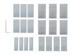 A set of staple strips in various sizes and an L-shaped hex key on a white background.