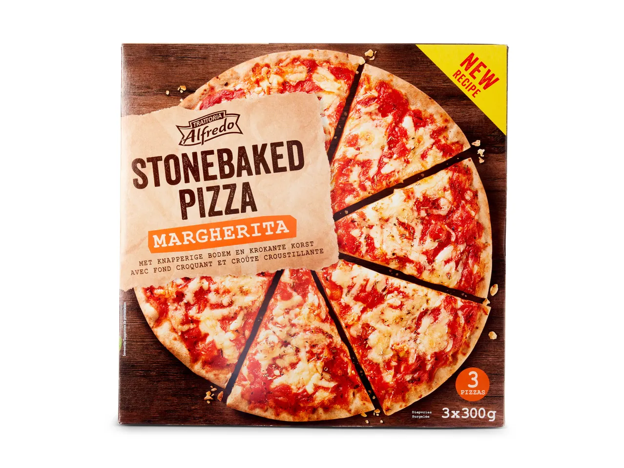 Trattoria Alfredo Stonebaked Margherita Pizza: 3 diepvriespizza's, klaar om te bakken.