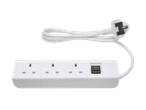 A white three-socket UK power extension lead with an integrated switch.