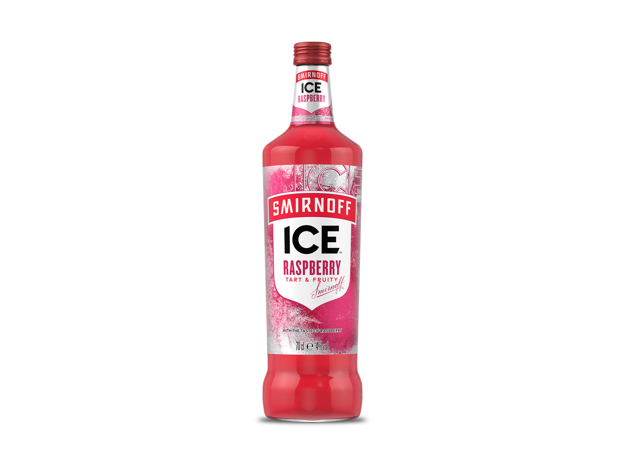 Fles roze gearomatiseerde alcoholische drank met de tekst 'ICE RASPBERRY TART & FRUITY'.