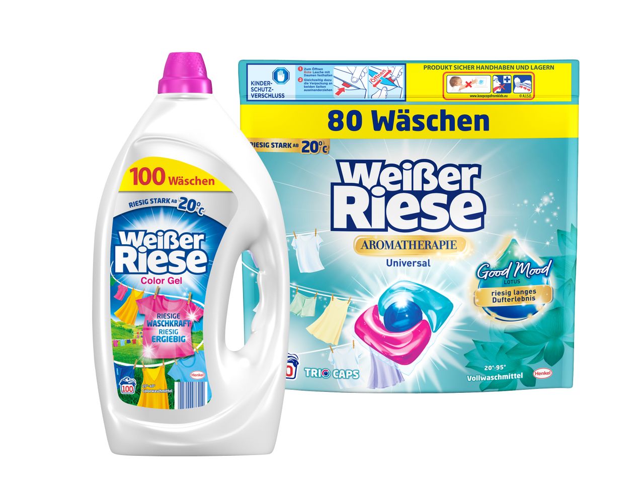 Weißer Riese Color Gel und Vollwaschmittel im Vergleich: 100 vs. 80 Wäschen.