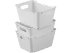 Three white plastic storage bins stack neatly.