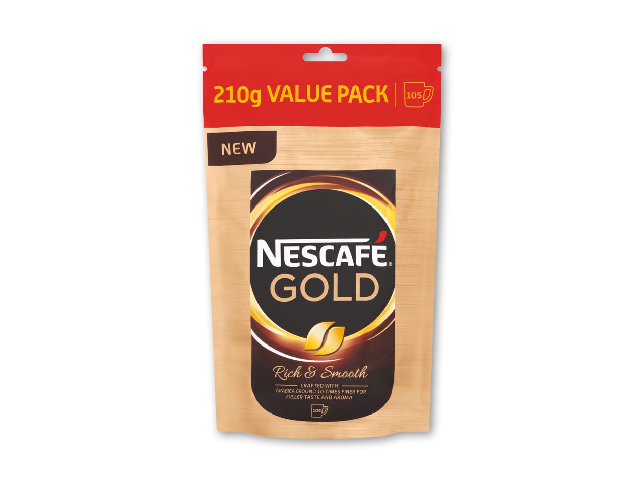 Kaffepose med teksten '210g VALUE PACK' og 'Rich & Smooth'.