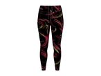 Black leggings with a vibrant red and yellow abstract swirl pattern.