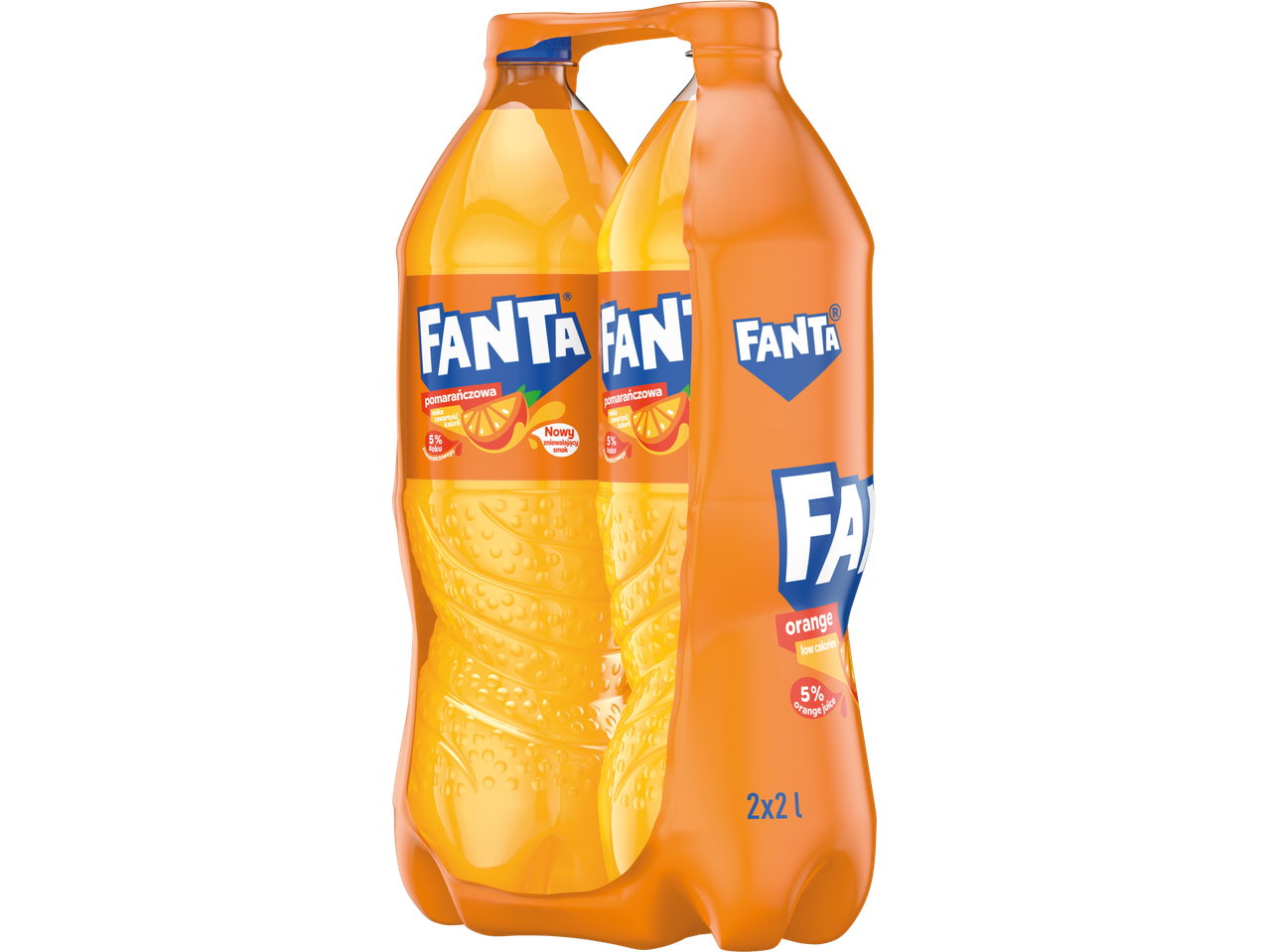 Fanta Orange gazuotas gaivusis gėrimas, 2x2L pakuotė, mažai kalorijų, 5% apelsinų sulčių.