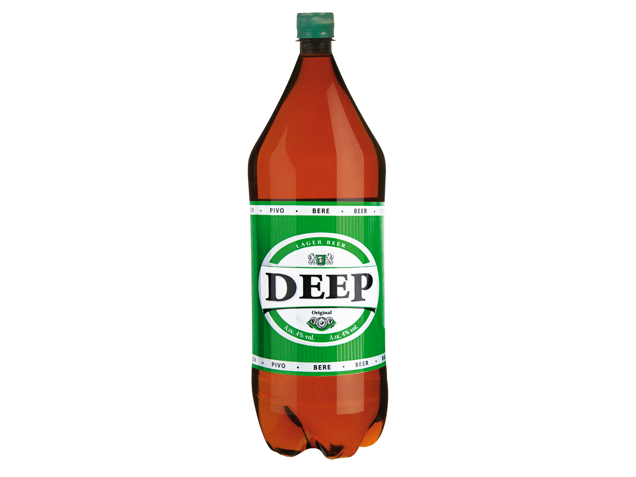 Кафява пластмасова бутилка бира с етикет „Lager Beer Deep“, 4% алкохол