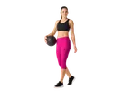 Woman in pink leggings and sports bra with medicine ball.