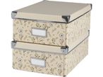 Two stackable beige storage boxes with floral patterns and label slots.