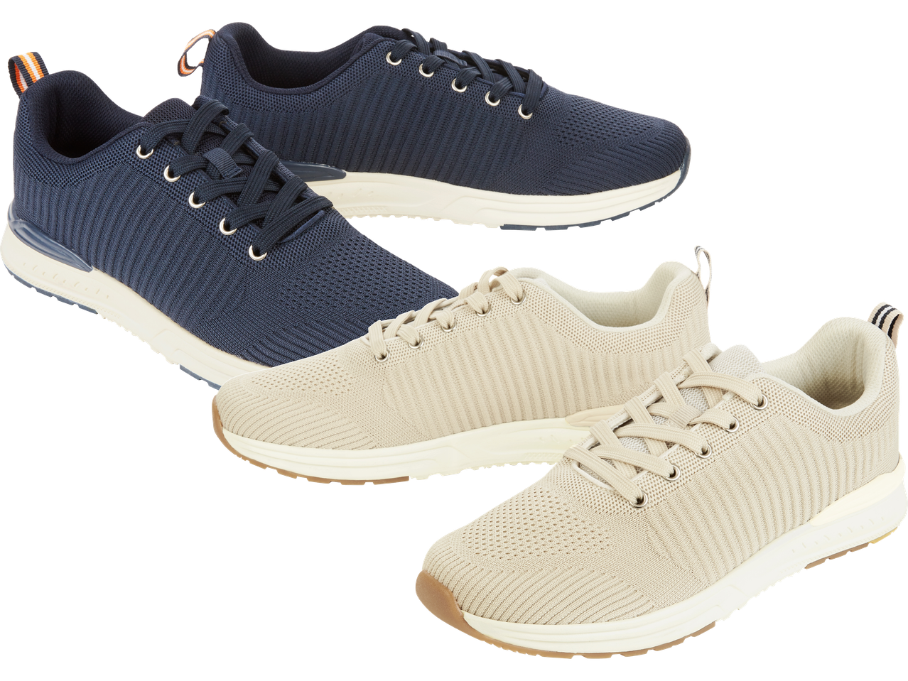 Två par stickade sneakers i grått och beige.