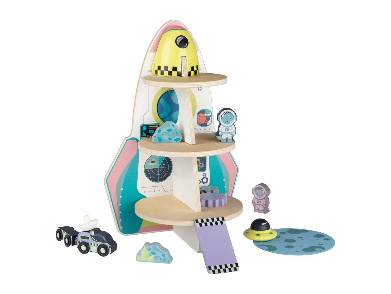 A wooden rocket ship playset with astronauts, a rover, and a UFO.