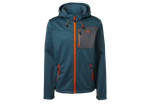 Vyriška tamsiai mėlyna softshell striukė su oranžiniais užtrauktukais ir detalėmis, pilka krūtinės kišene.