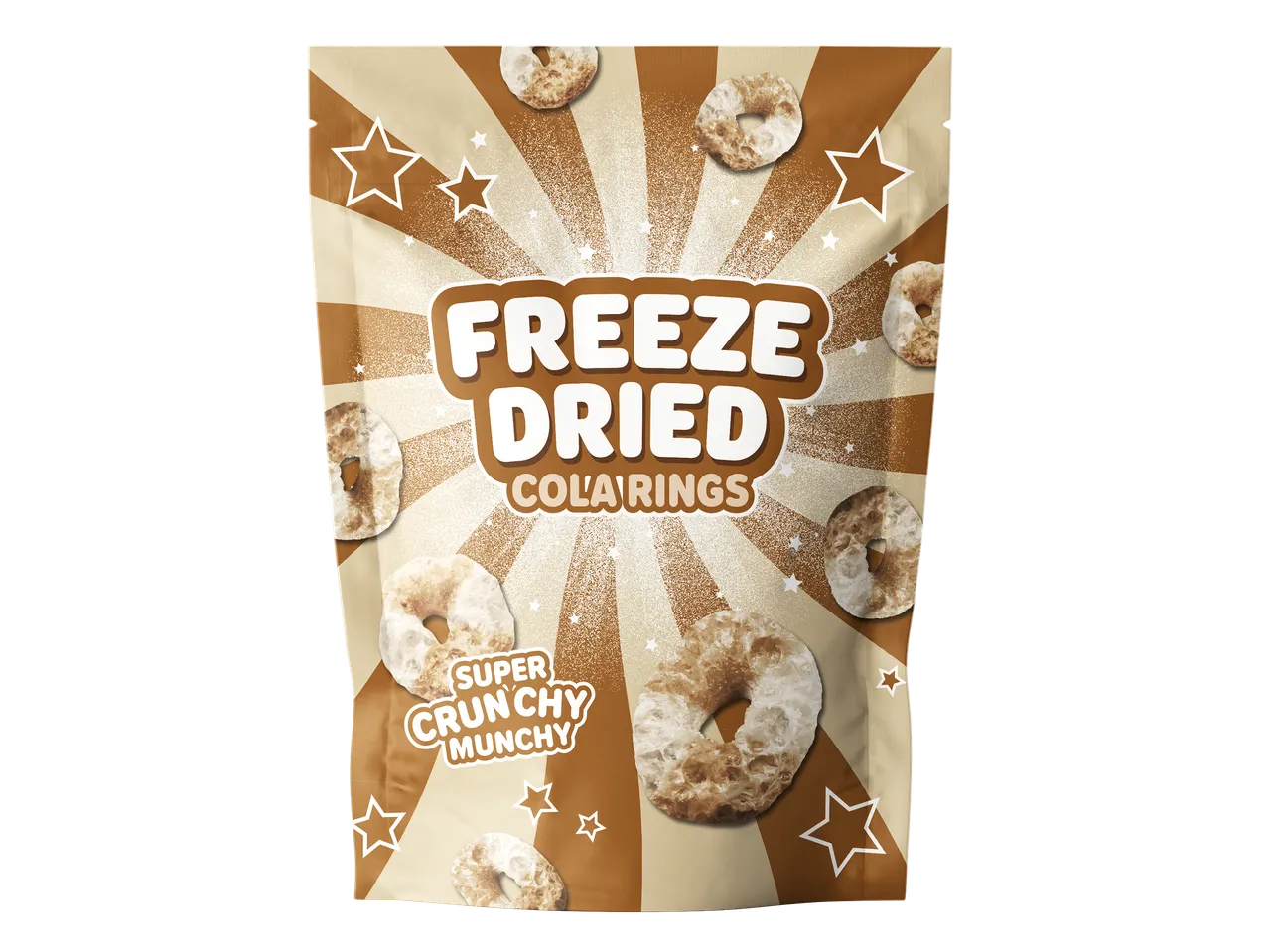 Zak met gevriesdroogde cola-ringen, met de tekst 'SUPER CRUNCHY MUNCKY'.