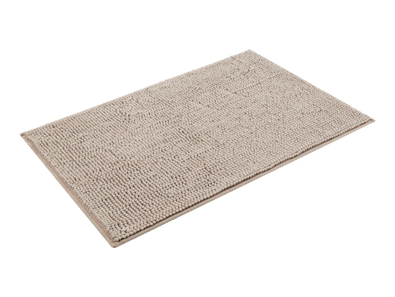 A beige bath mat with a textured surface.