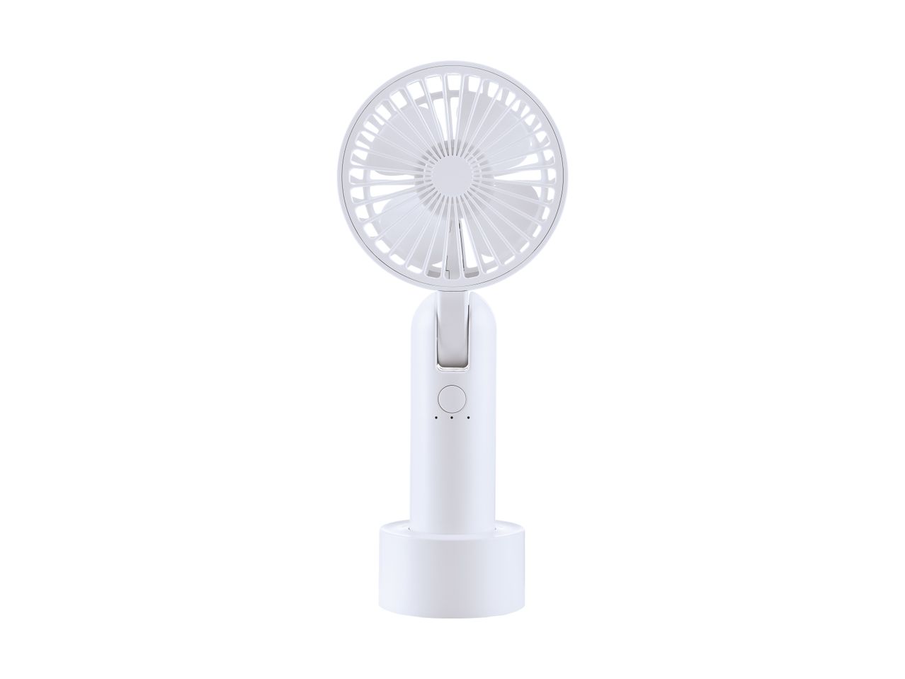 Hvid bærbar ventilator med en rund blæser og en base.