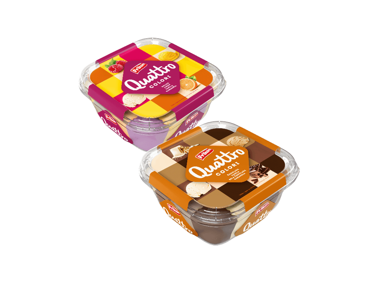 Dva pakovanja sladoleda sa četiri ukusa: malina, limun, vanila, narandža i čokolada, vanila, bela čokolada, karamela.