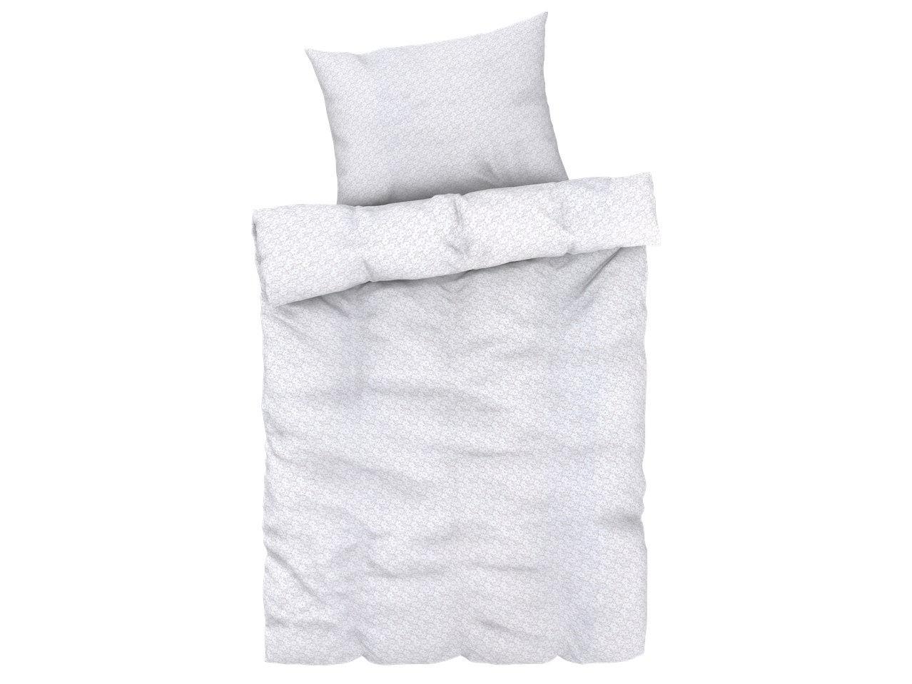 Бял спален комплект с десен, включващ завивка и възглавница.