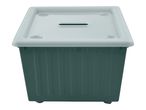 A dark green storage box with a light gray lid and a slot on top.
