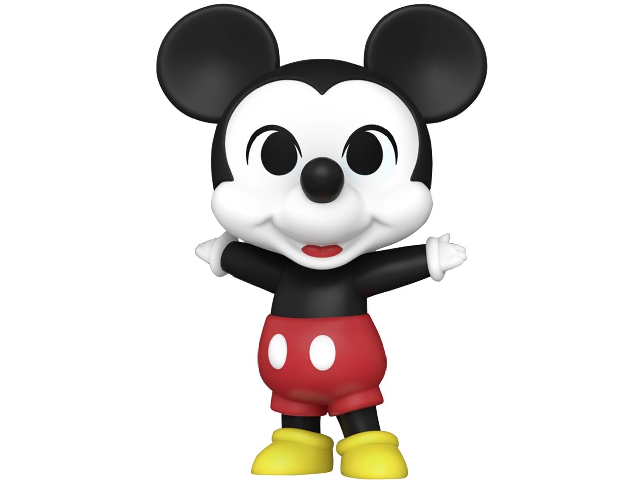 Statuetta di Topolino in stile Funko Pop con pantaloncini rossi e scarpe gialle.