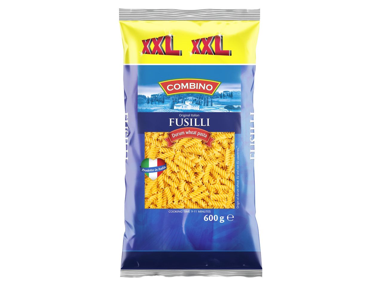 De Cecco márkájú, 500g-os finomlisztből készült,  függőlegesen álló csomagolású  fusillit mutat a kép.