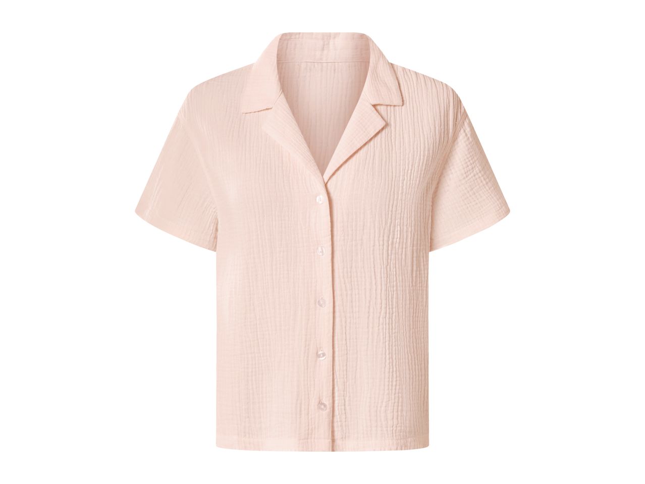 Light pink short-sleeved button-up shirt with a crinkled texture