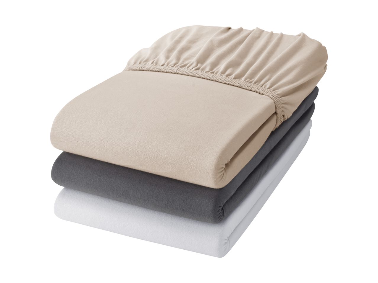 Stack of three folded fitted sheets in beige, dark grey, and white.
