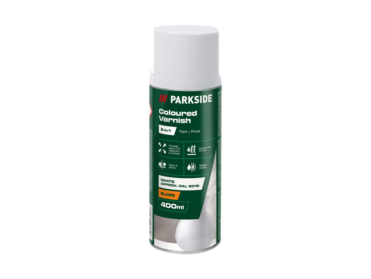 White coloured varnish spray can, 2-in-1 paint + primer, 400ml, gloss finish, RAL 9016.