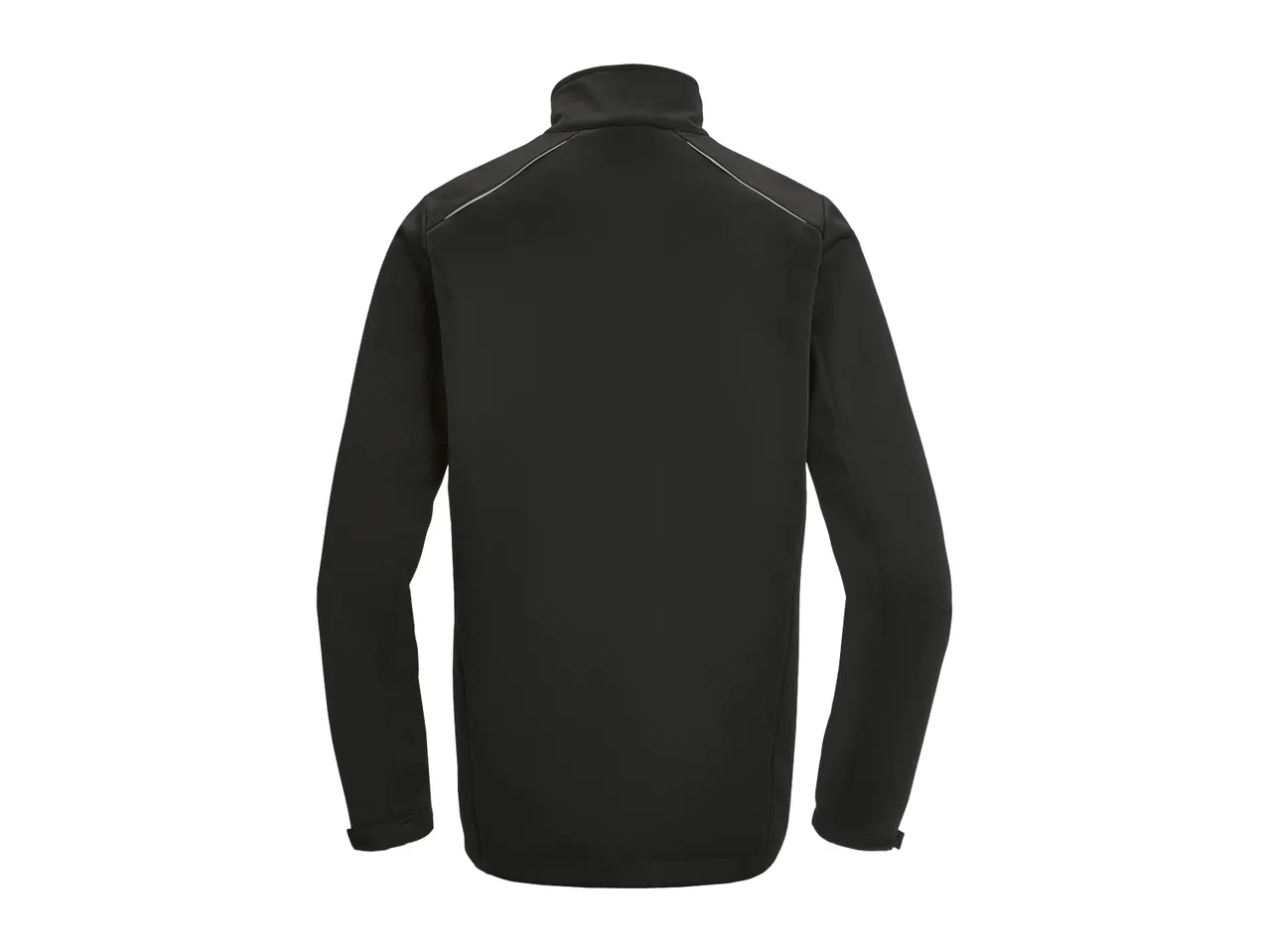 Black softshell jacket with a stand-up collar and reflective piping on the shoulders.