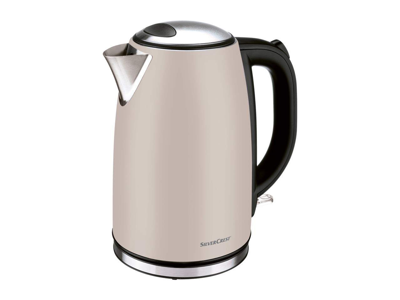 A beige electric kettle with a black handle and stainless steel accents.
