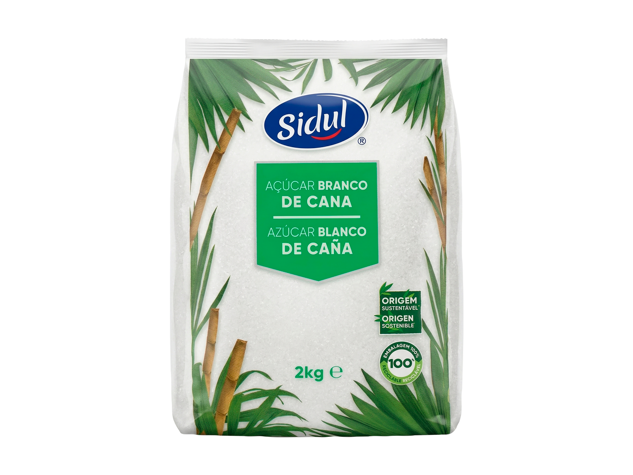 Açúcar Branco de Cana SIDUL, saco de 2kg, com origem sustentável e embalagem 100% reciclável.
