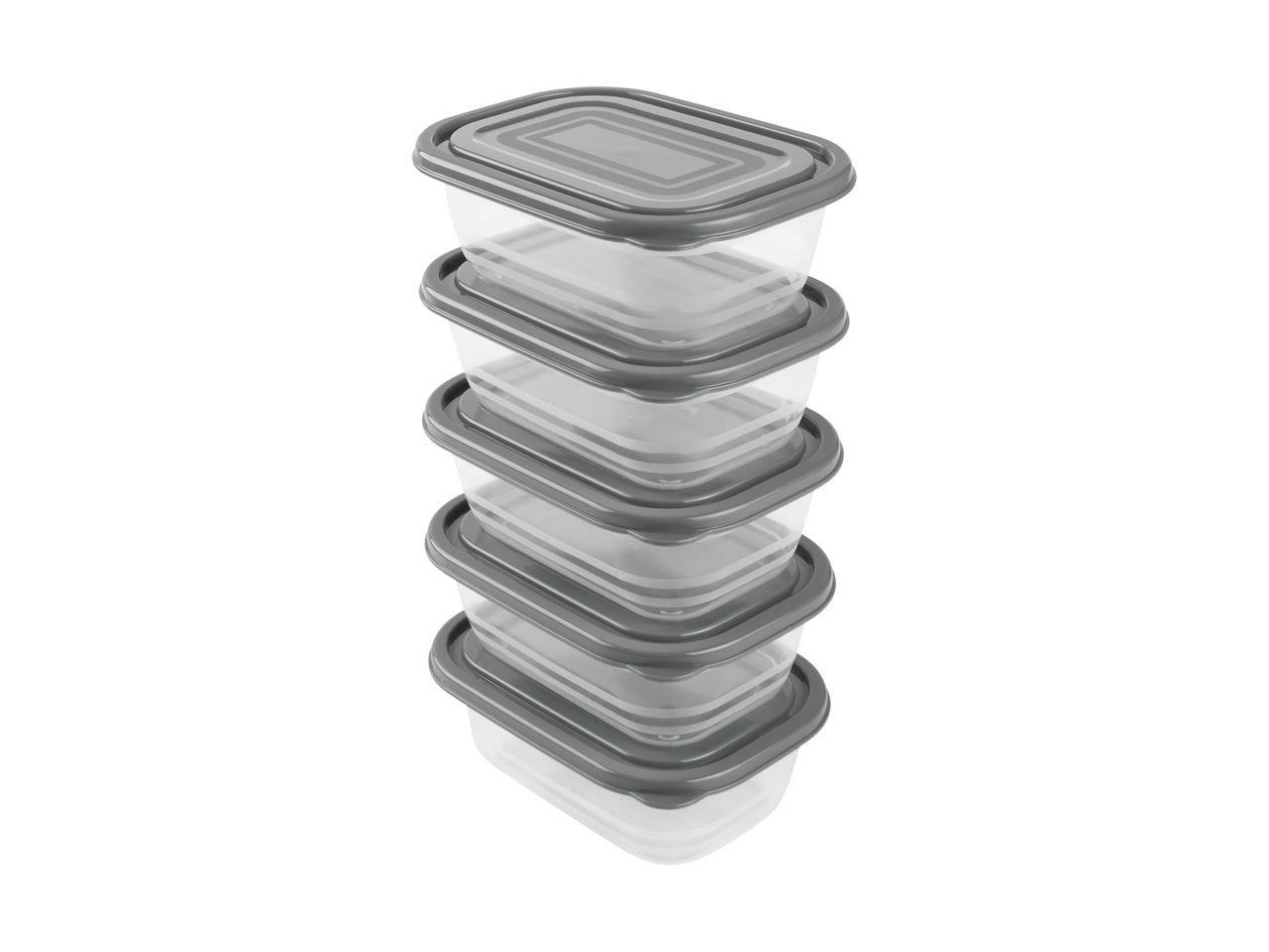 Stack of five rectangular clear food storage containers with gray lids.