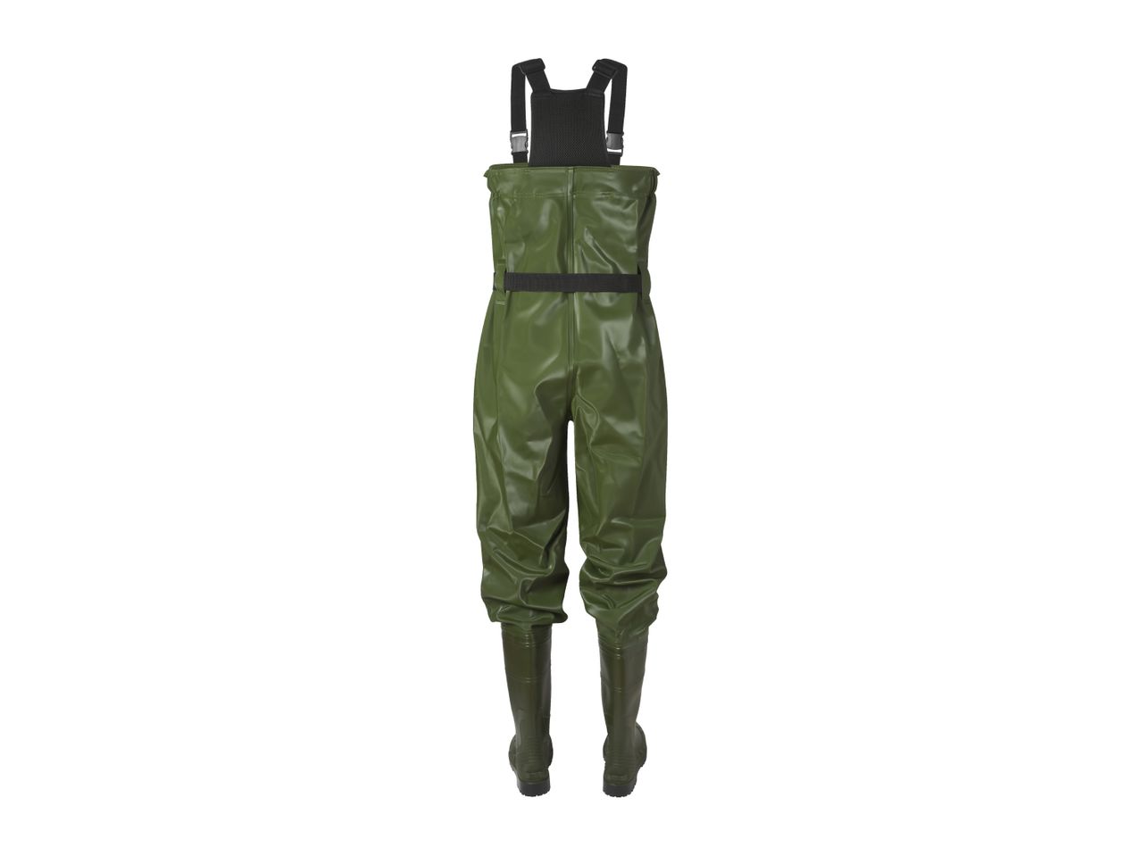 Green fishing waders with black suspenders and belt.