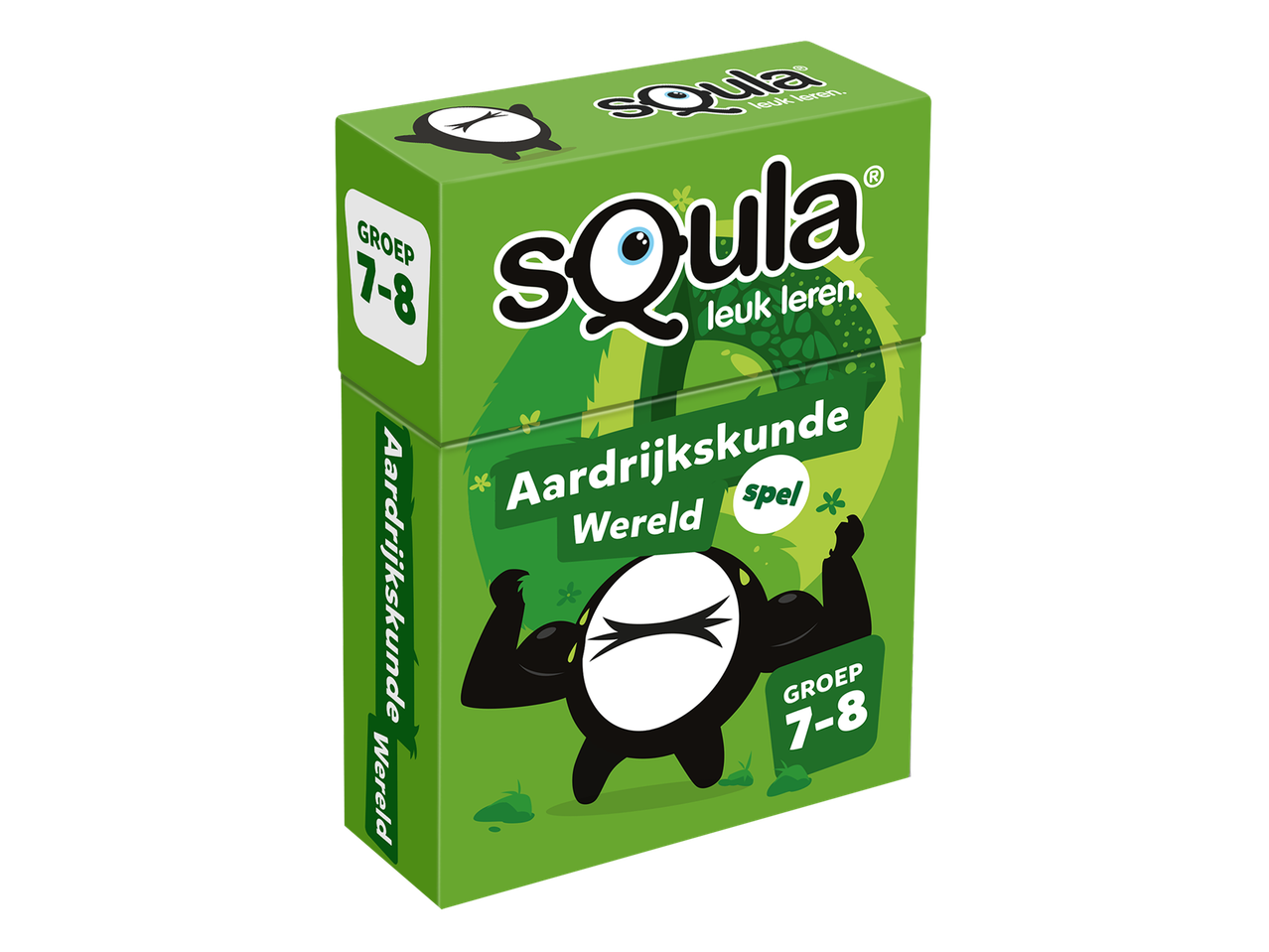 Groene doos voor een educatief spel over aardrijkskunde voor groep 7-8, met een panda-mascotte.