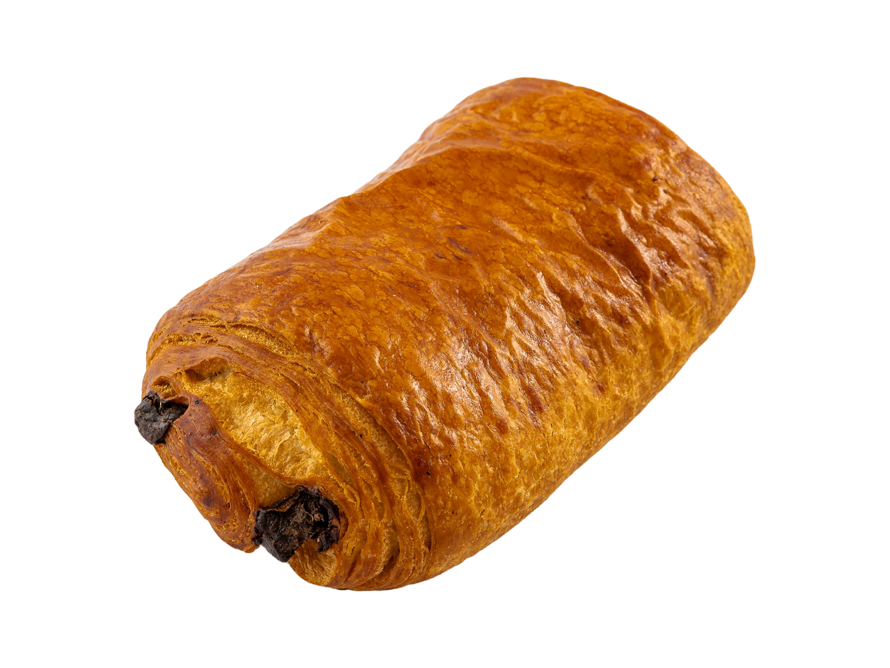 Golden-brown pain au chocolat with visible chocolate pieces