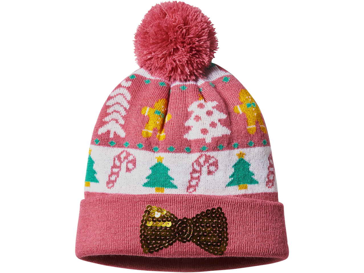 Lupilu Kids' Christmas Bobble Hat, pink with festive patterns and a sequin bow.