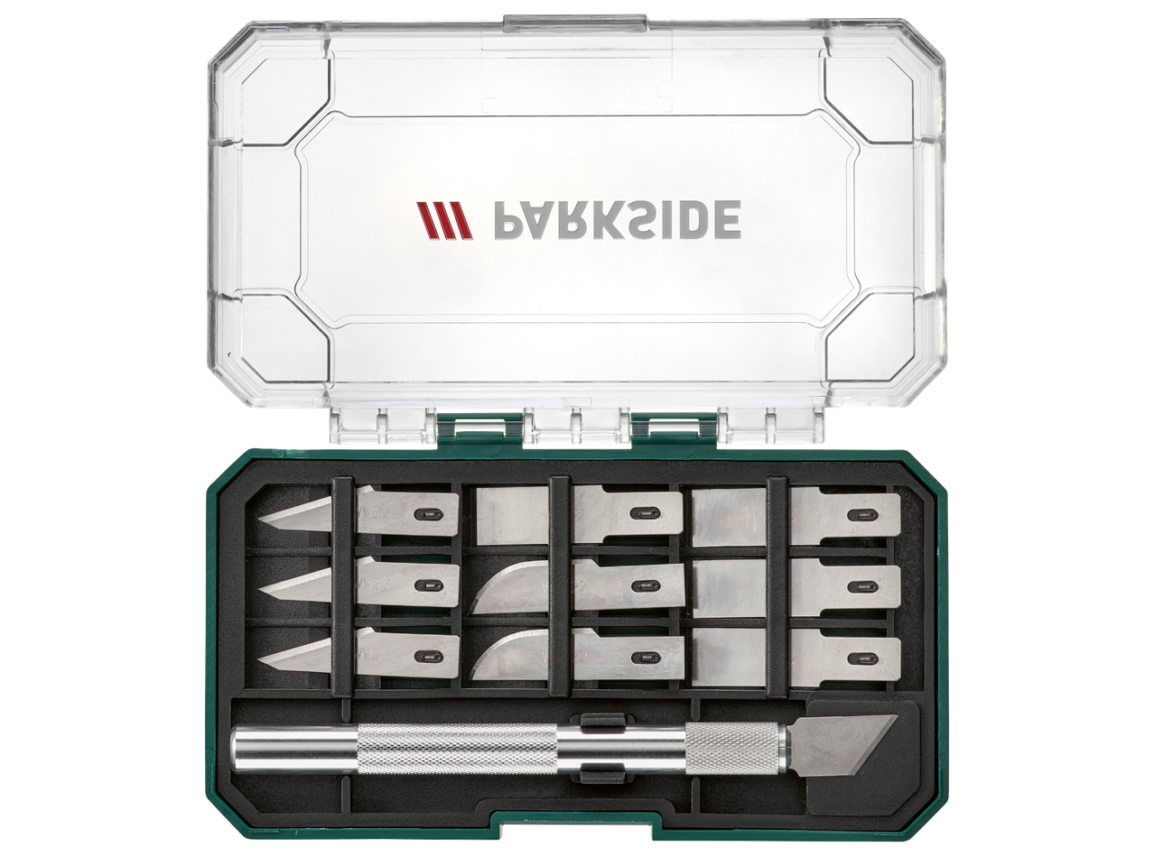 Комплект ножове за рязане Parkside с различни остриета и дръжка в отворена кутия.