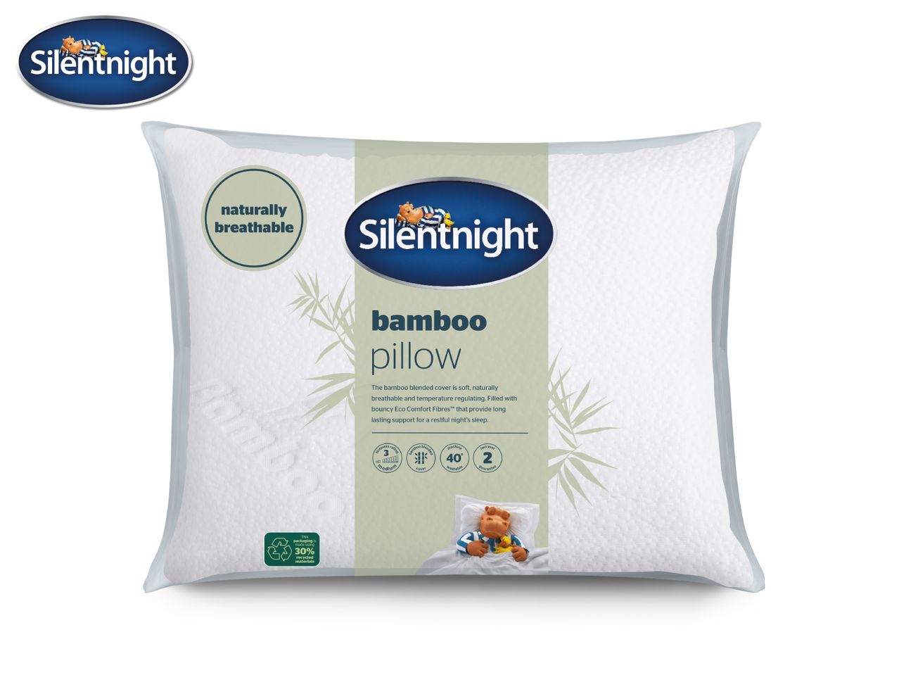 Bamboo pillow with a naturally breathable cover, medium firmness, and made with 30% recycled materials.