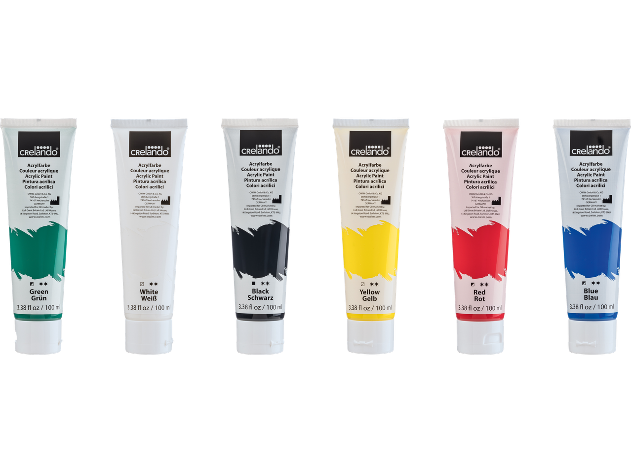 Crelando® acrylic paints in green, white, black, yellow, red, and blue, 100 ml each.