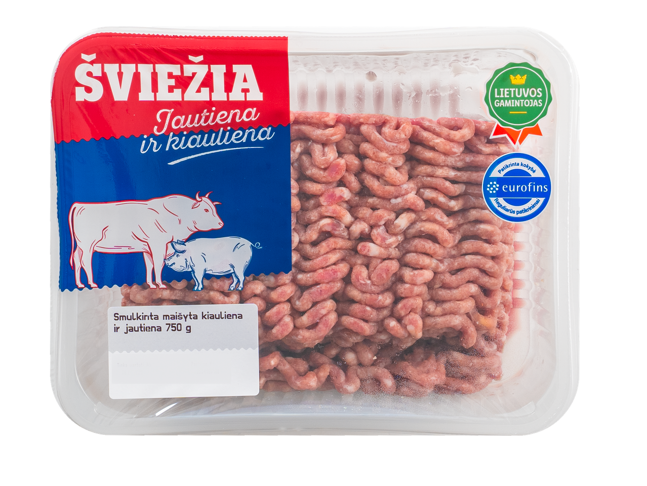 750 g šviežios maltos mėsos mišinio (jautiena ir kiauliena) iš Lietuvos gamintojo, kokybę užtikrina Eurofins.