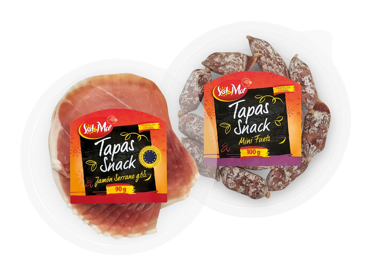 Sol y Mar Tapas Snack: Serrano Schinken und Mini Fuets in Plastikverpackungen.