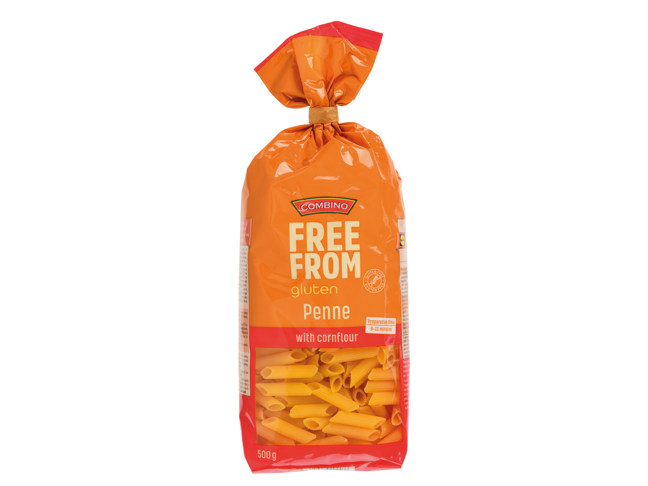 Massa penne Combino sem glúten, com amido de milho.