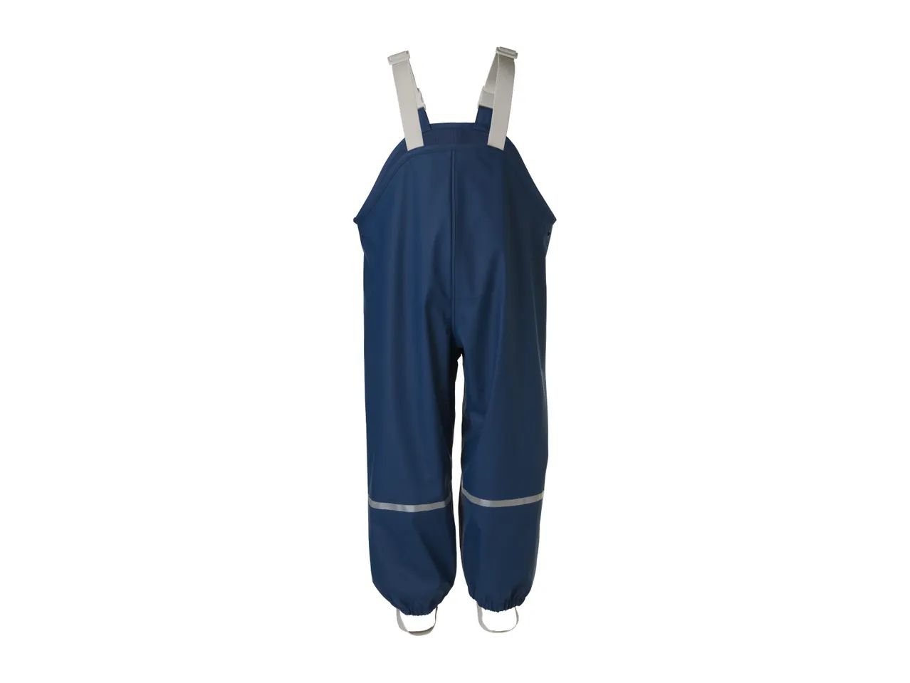 Navy blue waterproof dungarees with reflective strips and adjustable straps