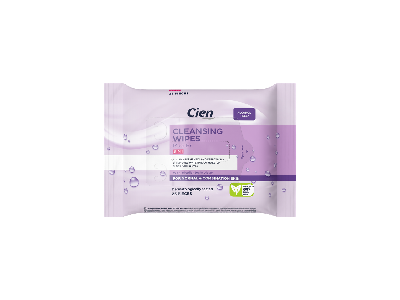 Șervețele demachiante Cien Micellare pentru ten normal și mixt, 25 bucăți.
