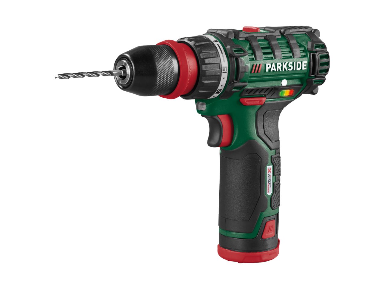 Cordless drill with a drill bit, featuring a green and black body with red accents.