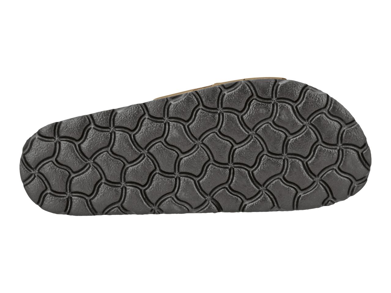 Bottom view of a dark grey sandal sole with a textured, interlocking pattern.