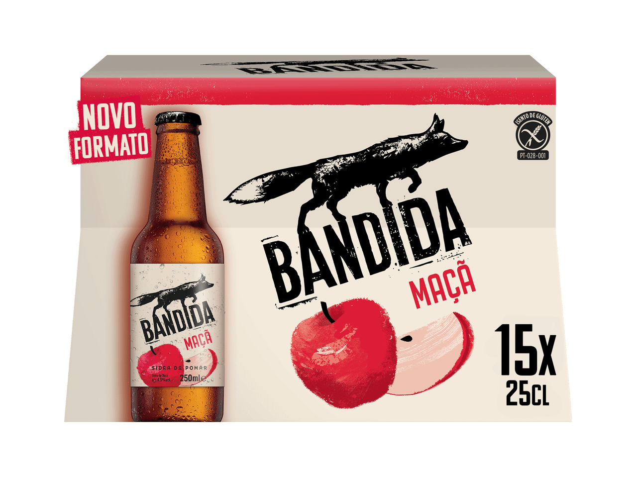Caixa de sidra de maçã com 15 garrafas de 25cl, com a indicação 'NOVO FORMATO' e 'ISENTO DE GLÚTEN'.